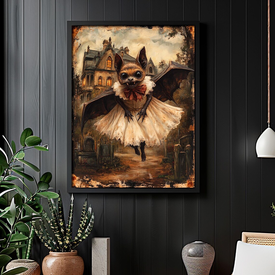 Whimsical Bat in White Dress With Red Bow Haunted House Halloween Poster - Image 4