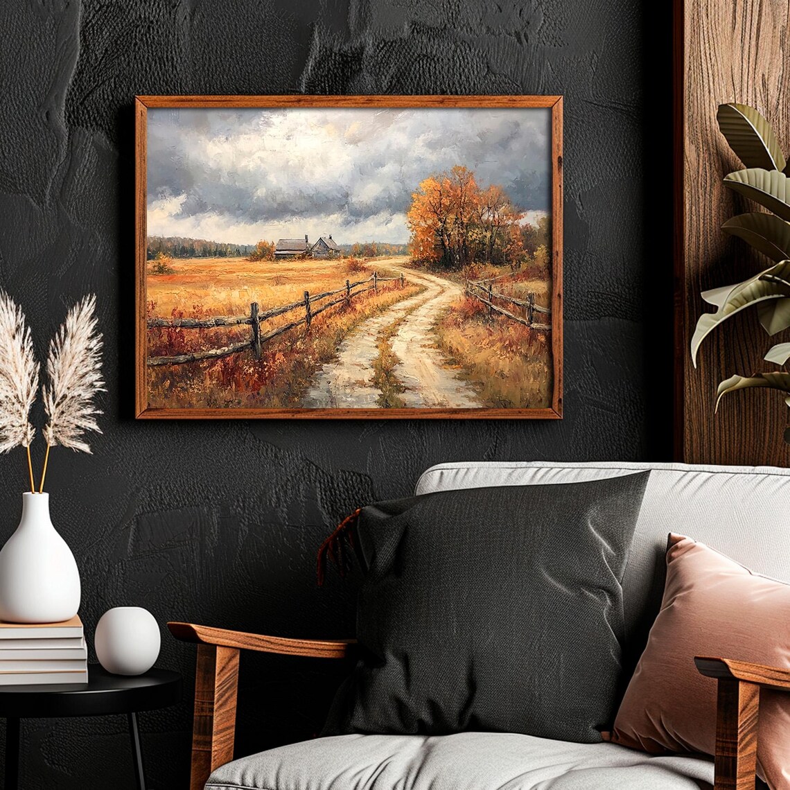 Country Dirt Road to Farmhouse Golden Autumn Field Rustic Landscape Poster - Image 6