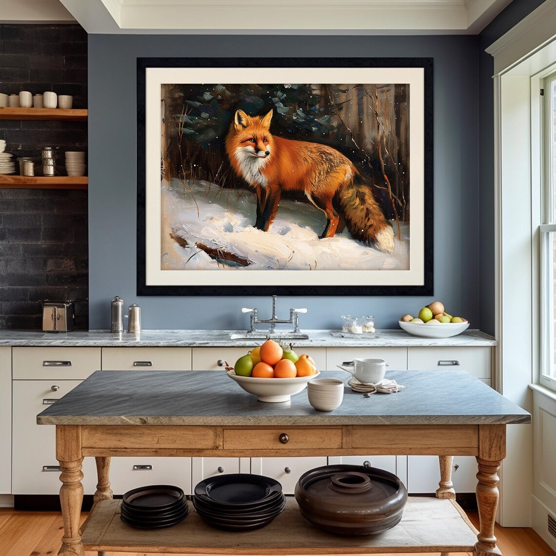 Red Fox Standing In Snow Winter Forest Wildlife Oil Painting Poster - Image 4