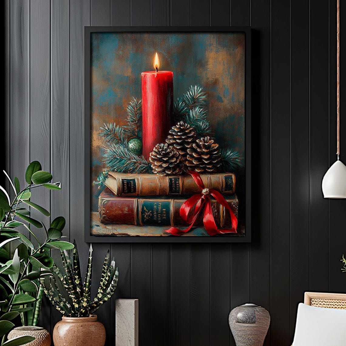 Red Candle With Pine Cones on Vintage Books Christmas Wall Art - Image 4