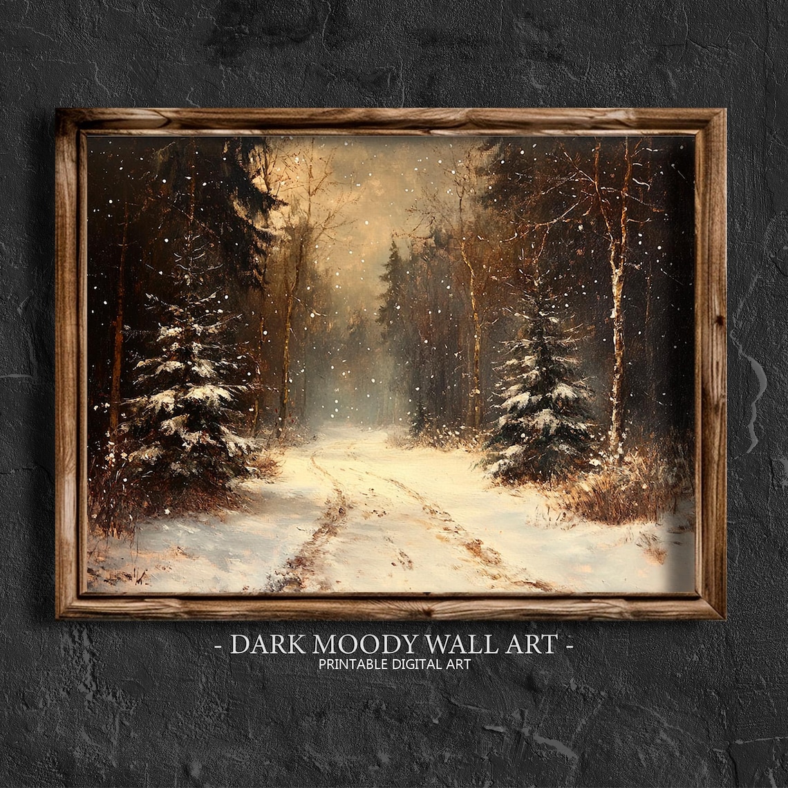 Vintage Moody Snowy Dark Forest Landscape Print