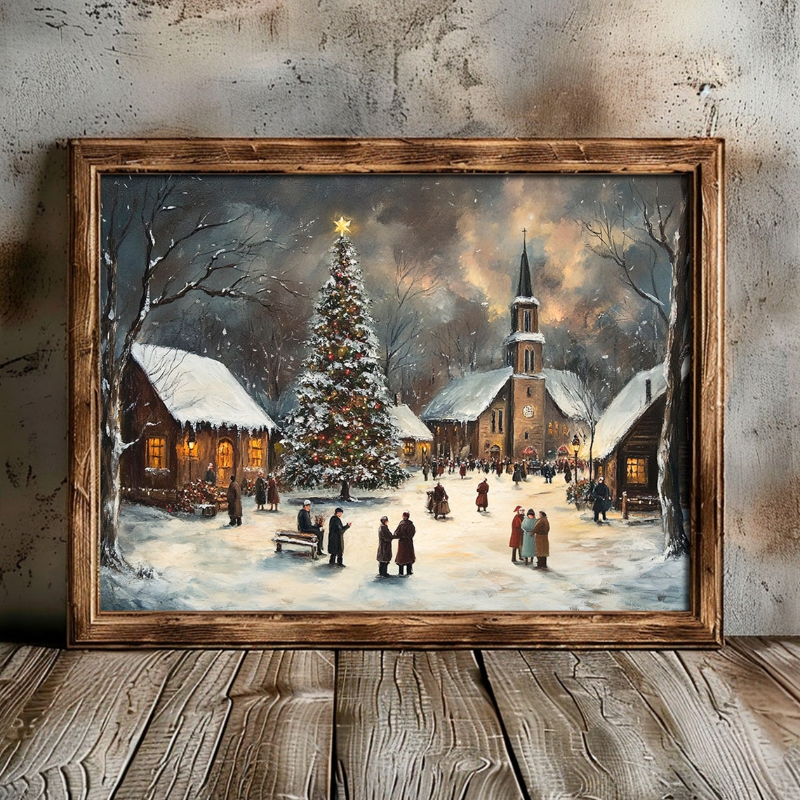 Vintage Christmas Town Print Christmas Wall Art Christmas Church Village Streets Snowy Moody Landscape Painting Winter Art - Image 4