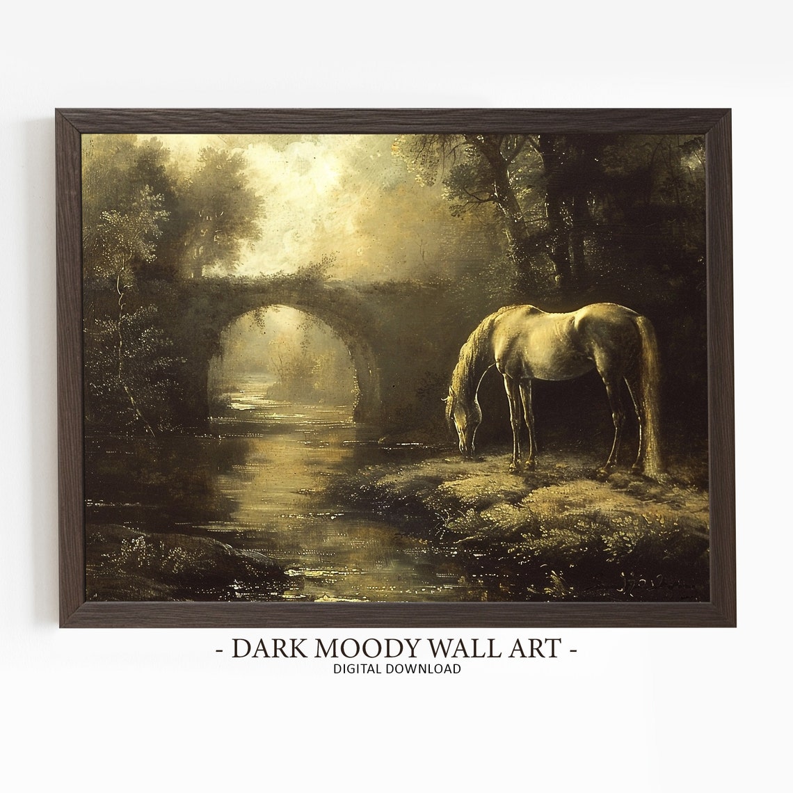 White Horse Drinking Stream Stone Bridge Moody Forest Poster