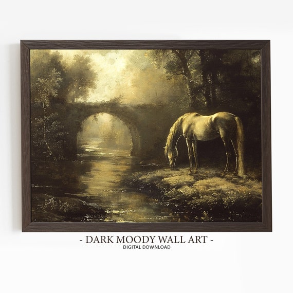 White Horse Painting Dark Moody Art Antique Horse Print Forest Landscape Painting Wall Art