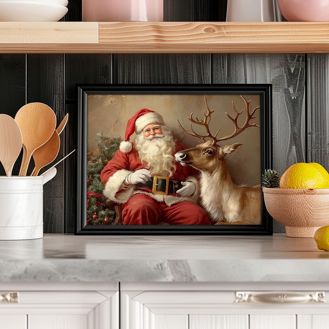 Santa Reindeer Christmas Art Print, Vintage Rustic Holiday - Image 2