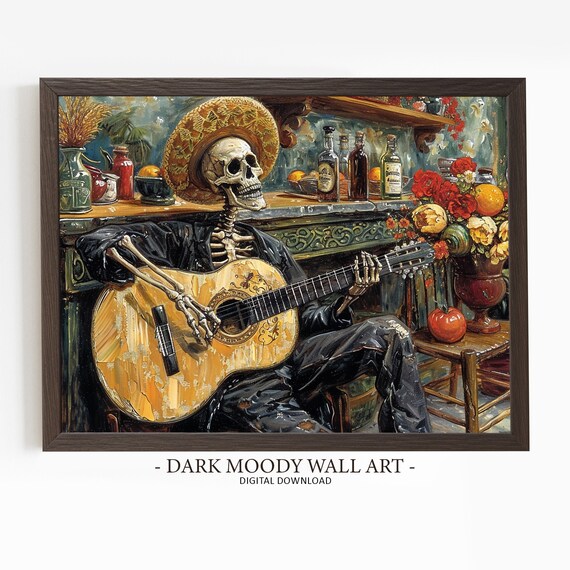 Mexican Skeleton Guitar Player Sombrero Cantina Folk Art Poster