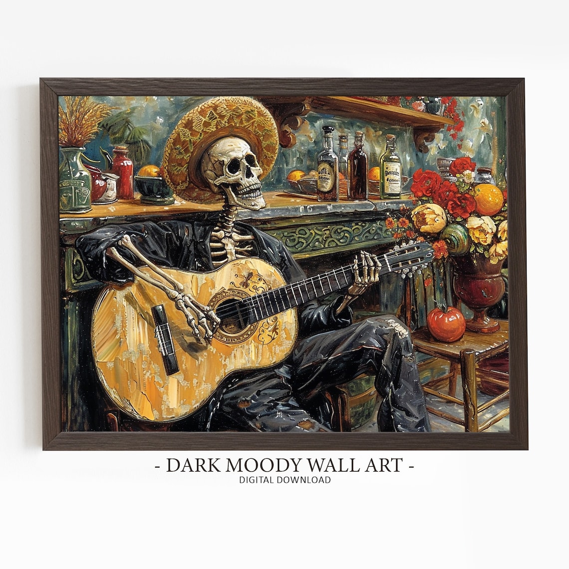Mexican Skeleton Guitar Player Sombrero Cantina Folk Art Poster