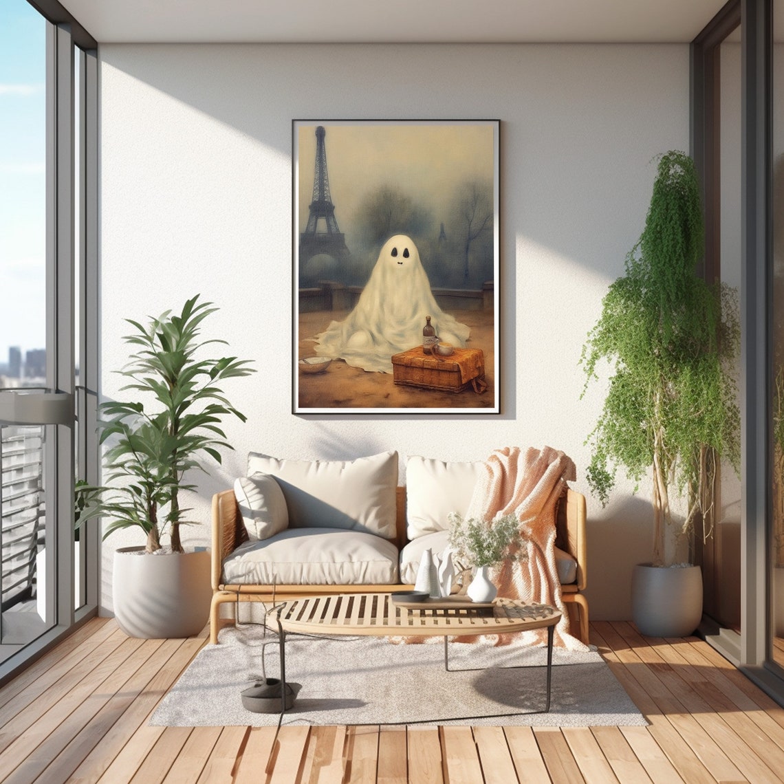 Cute Ghost Print Moody Haunted Halloween Art Gothic Ghost In Paris Painting Decor - Image 4