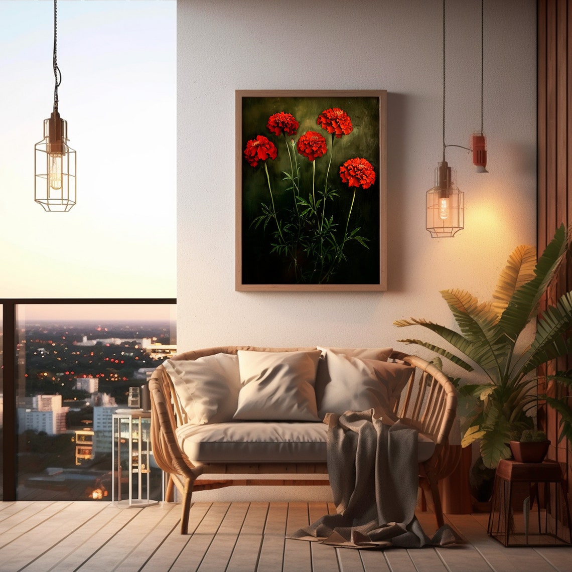 Red Marigold Blossoms Dark Moody Vintage Flower Artwork Poster - Image 4
