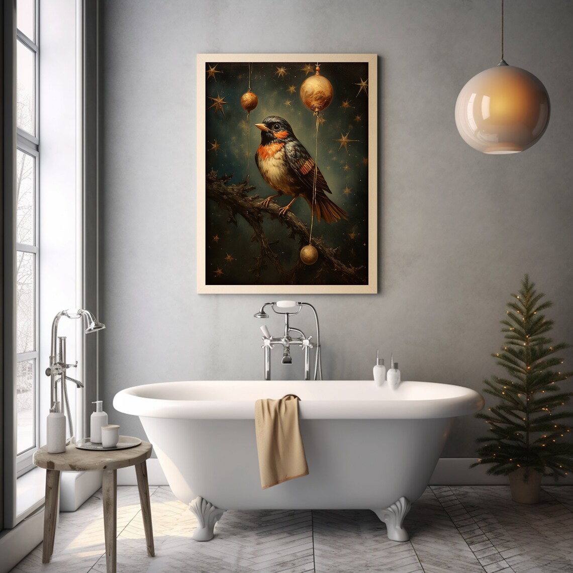 Christmas Bird Golden Baubles Starry Night Holiday Painting Poster - Image 4