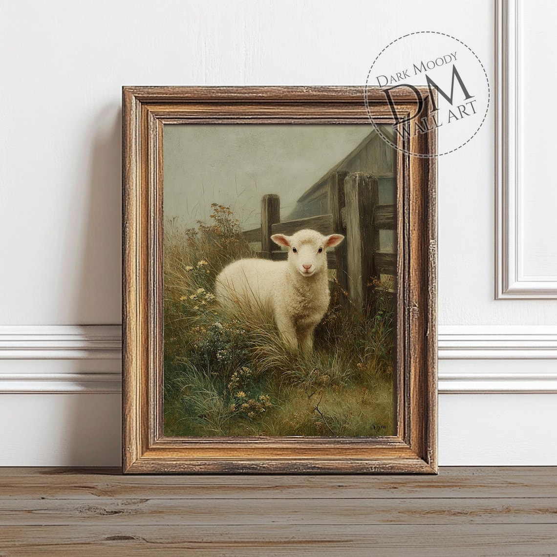 White Lamb by a Weathered Fence Misty Morning Oil Painting Poster