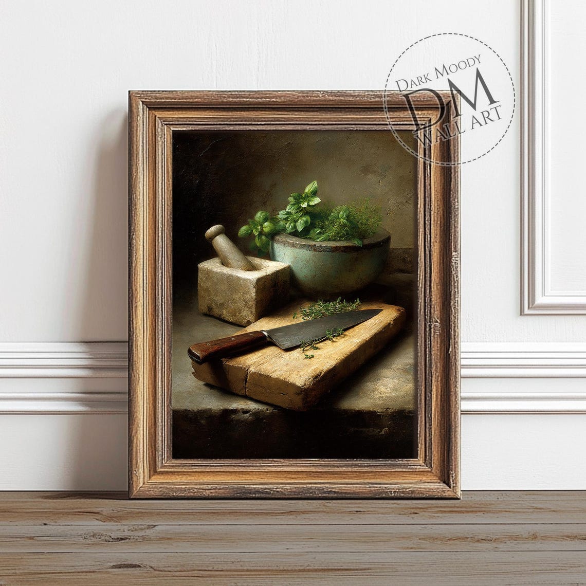 Rustic Mortar And Pestle With Fresh Herbs Moody Kitchen Wall Art