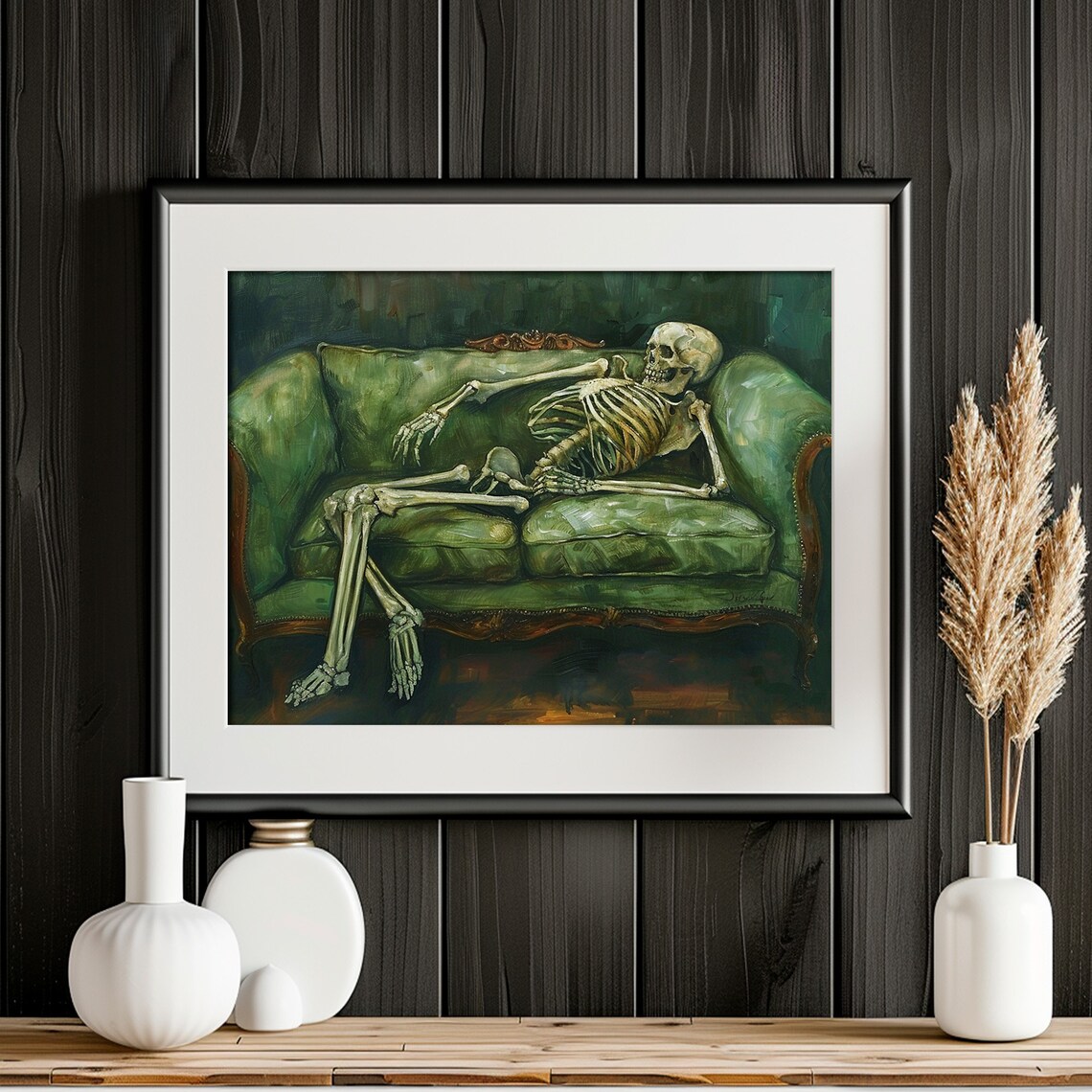 Decadent Skeleton Lounging Green Velvet Sofa Dark Gothic Art Print - Image 2
