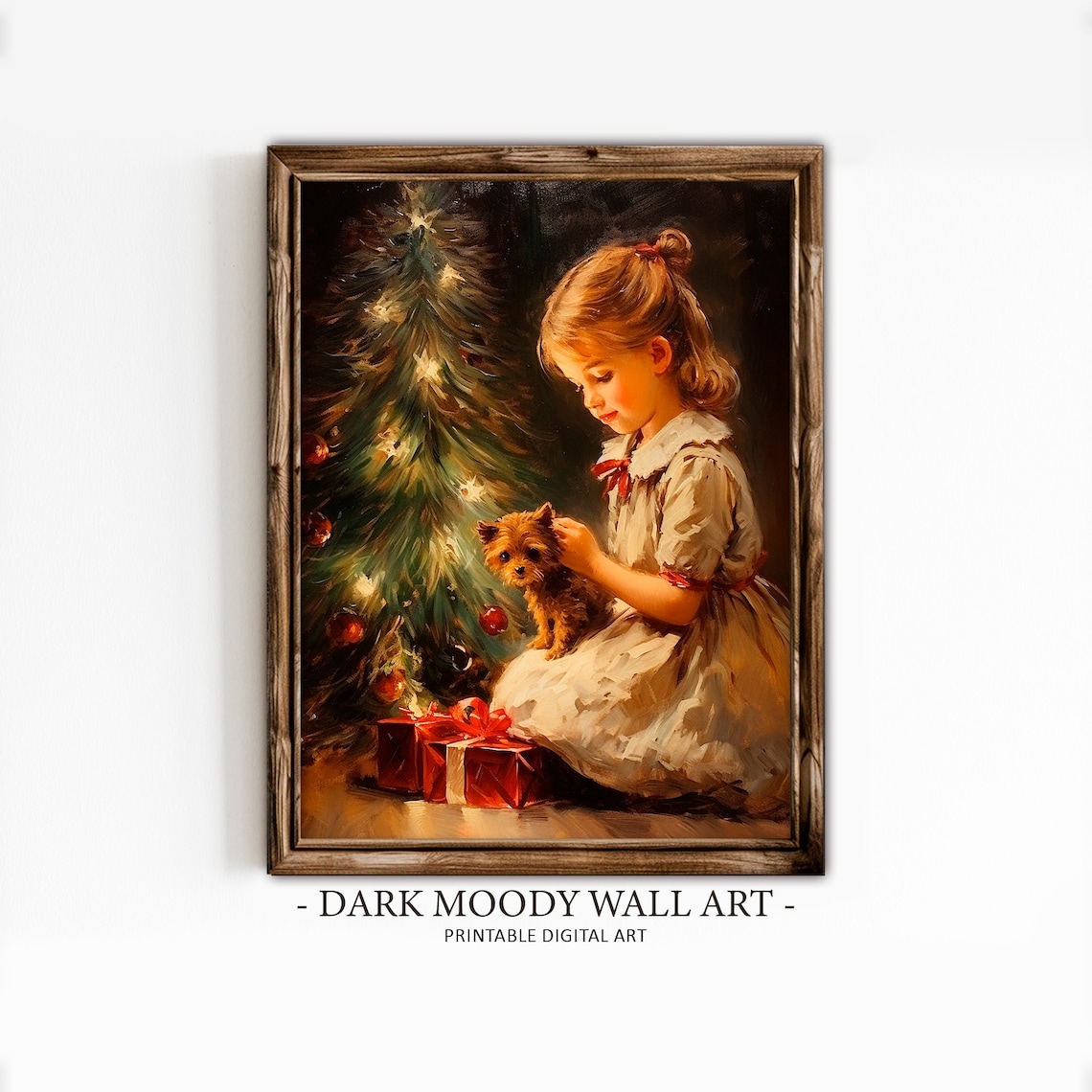 Victorian Girl With Puppy Christmas Tree Warm Painting Poster