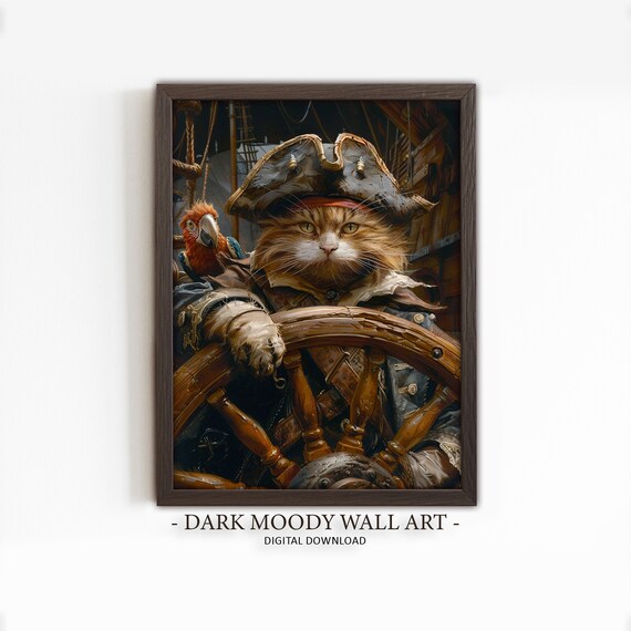 Cat Pirate Captain With Parrot Ship Wheel Fun Nautical Art Poster