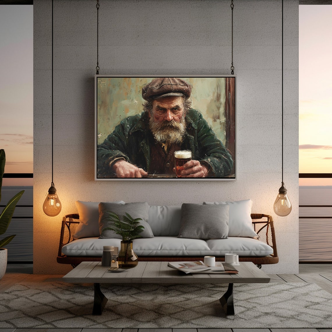 Old Man Portrait With Beer Glass Rustic Dark Moody Painting Poster - Image 4