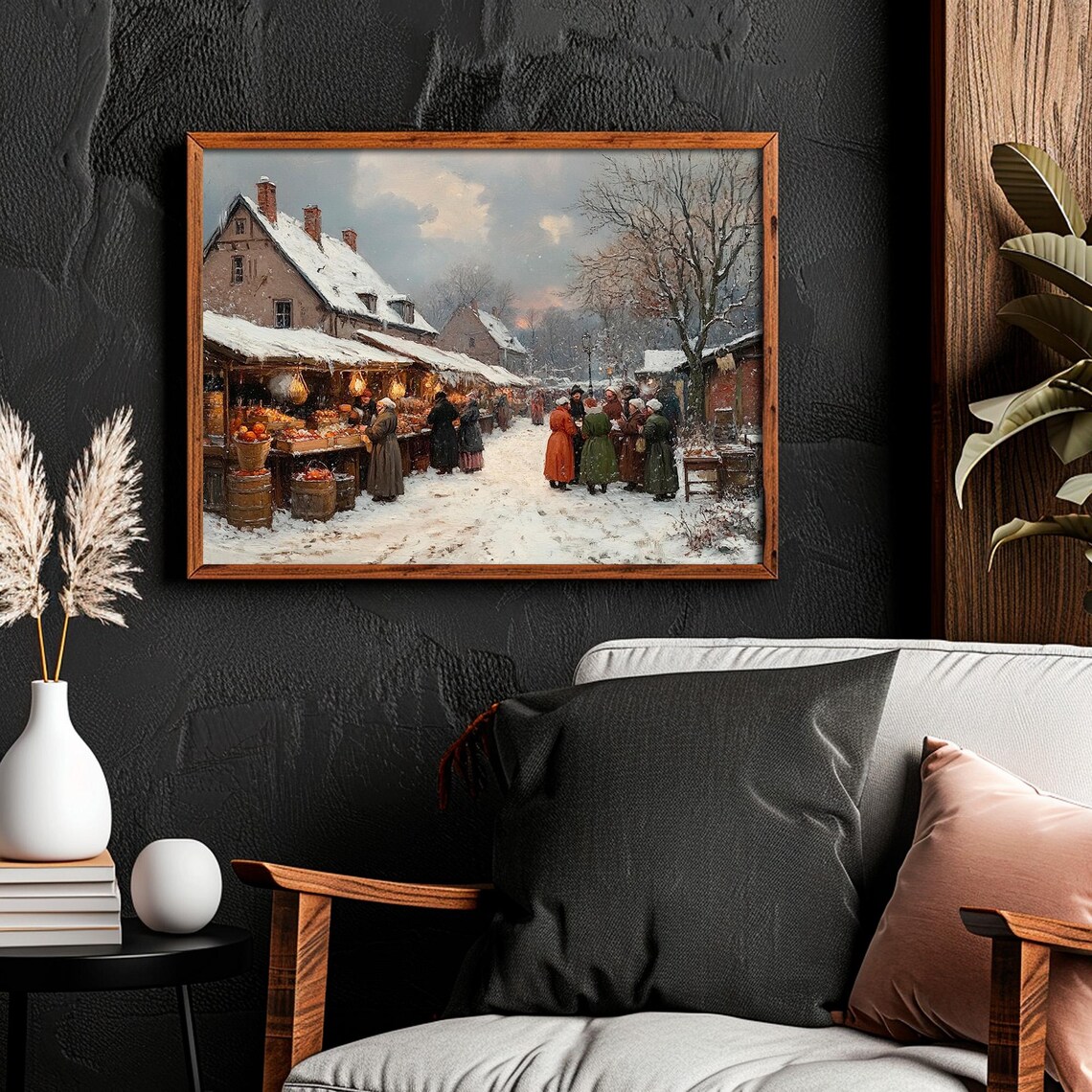 Winter Street Market in Snow With Bustling Stalls Vintage Wall Art - Image 6