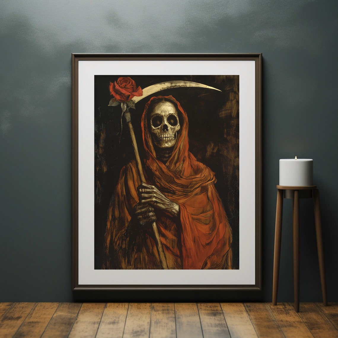 Santa Muerte Grim Reaper with Scythe and Rose Dark Gothic Art Poster - Image 6