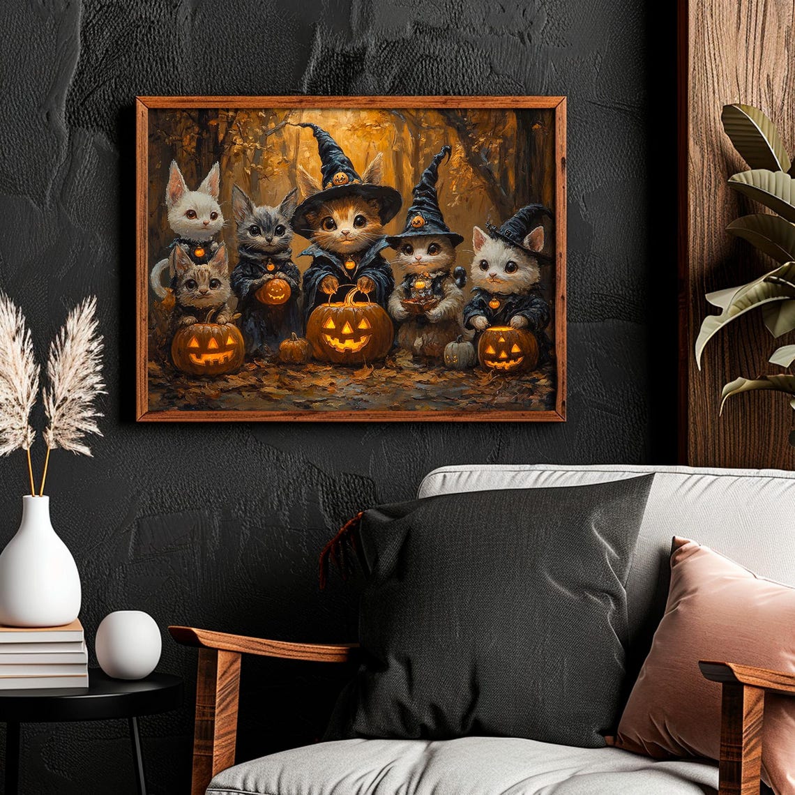 Halloween Kittens Witch Hats Glowing Jack O Lanterns Autumn Art Poster - Image 4