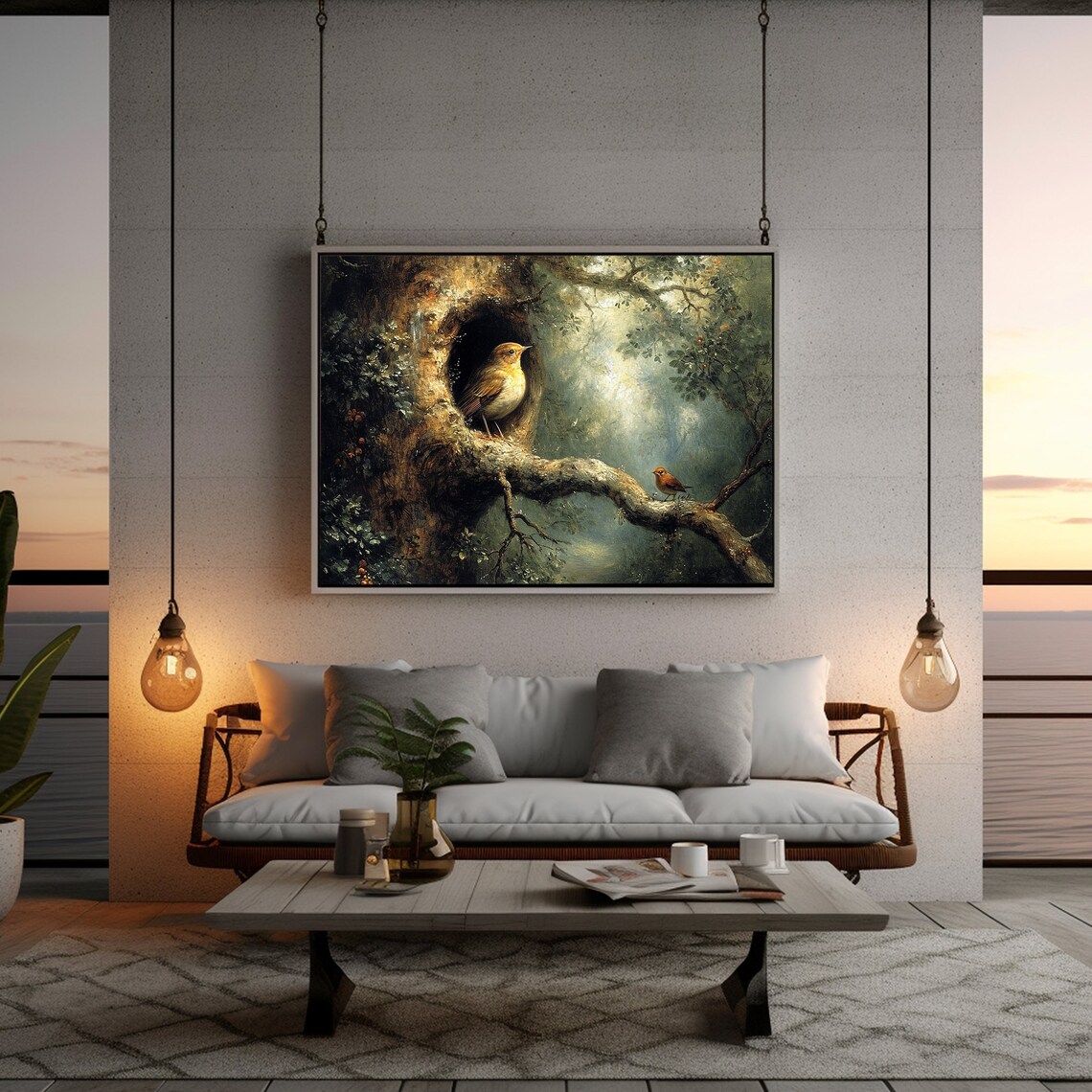 Rustic Bird On Tree Hollow Antique Forest Print - Image 5