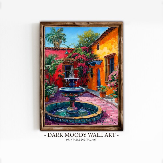 Mexican Courtyard Talavera Fountain Red Walls Palm Trees Art Poster
