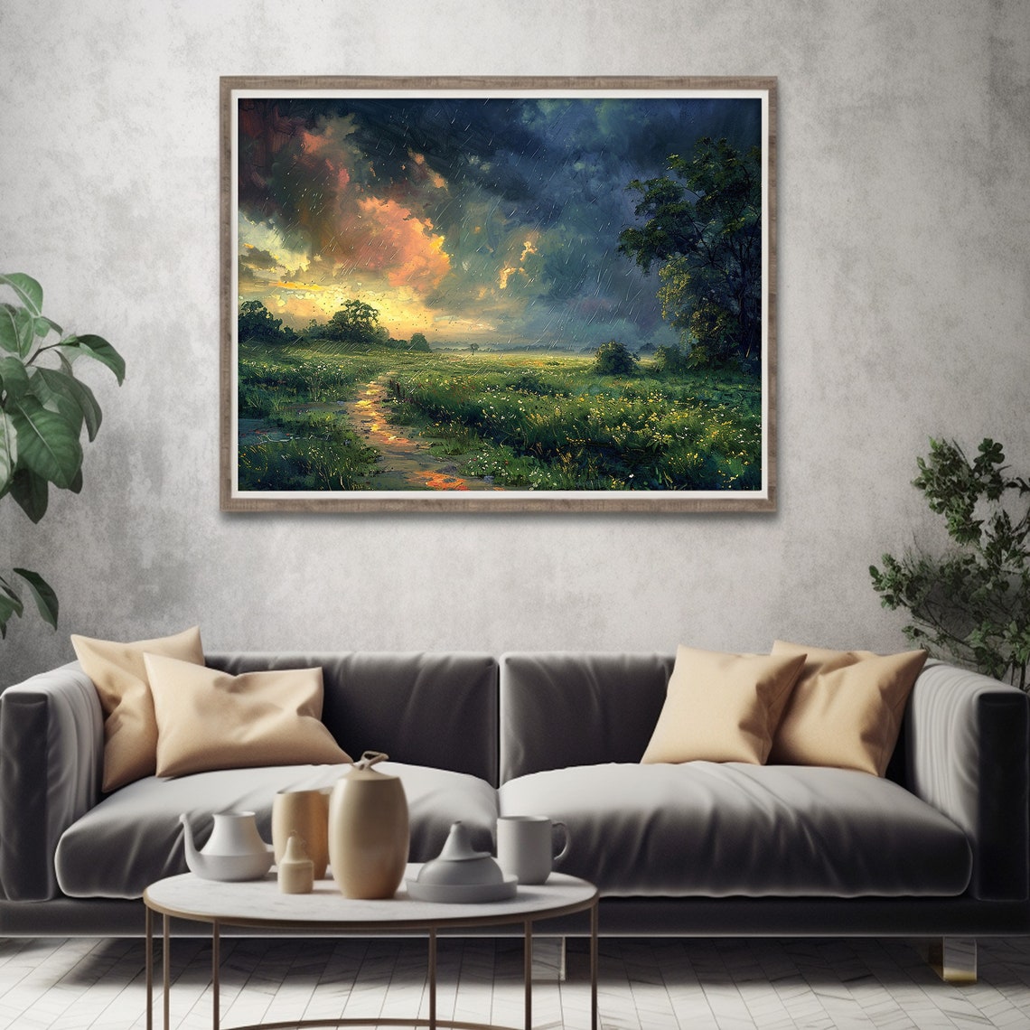 Rain Painting Rustic Rainy Meadow Landscape Print Rainy Field Art Dark Moody Art - Image 5