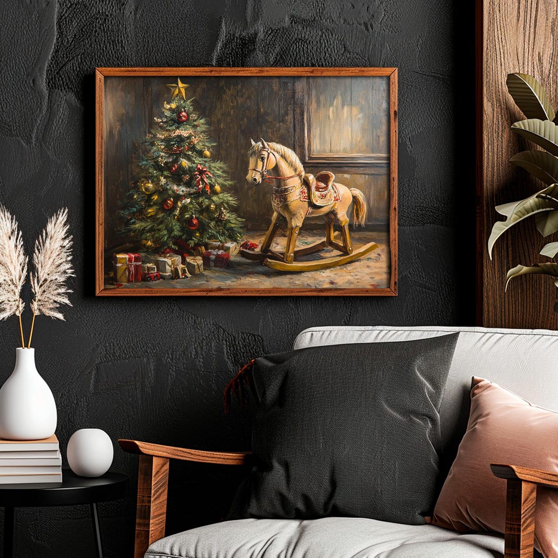 Vintage Rocking Horse Beside Decorated Christmas Tree Wall Art - Image 4
