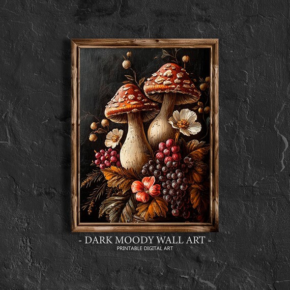 Fly Agaric Mushrooms Berries Dark Autumn Forest Art Decor Poster