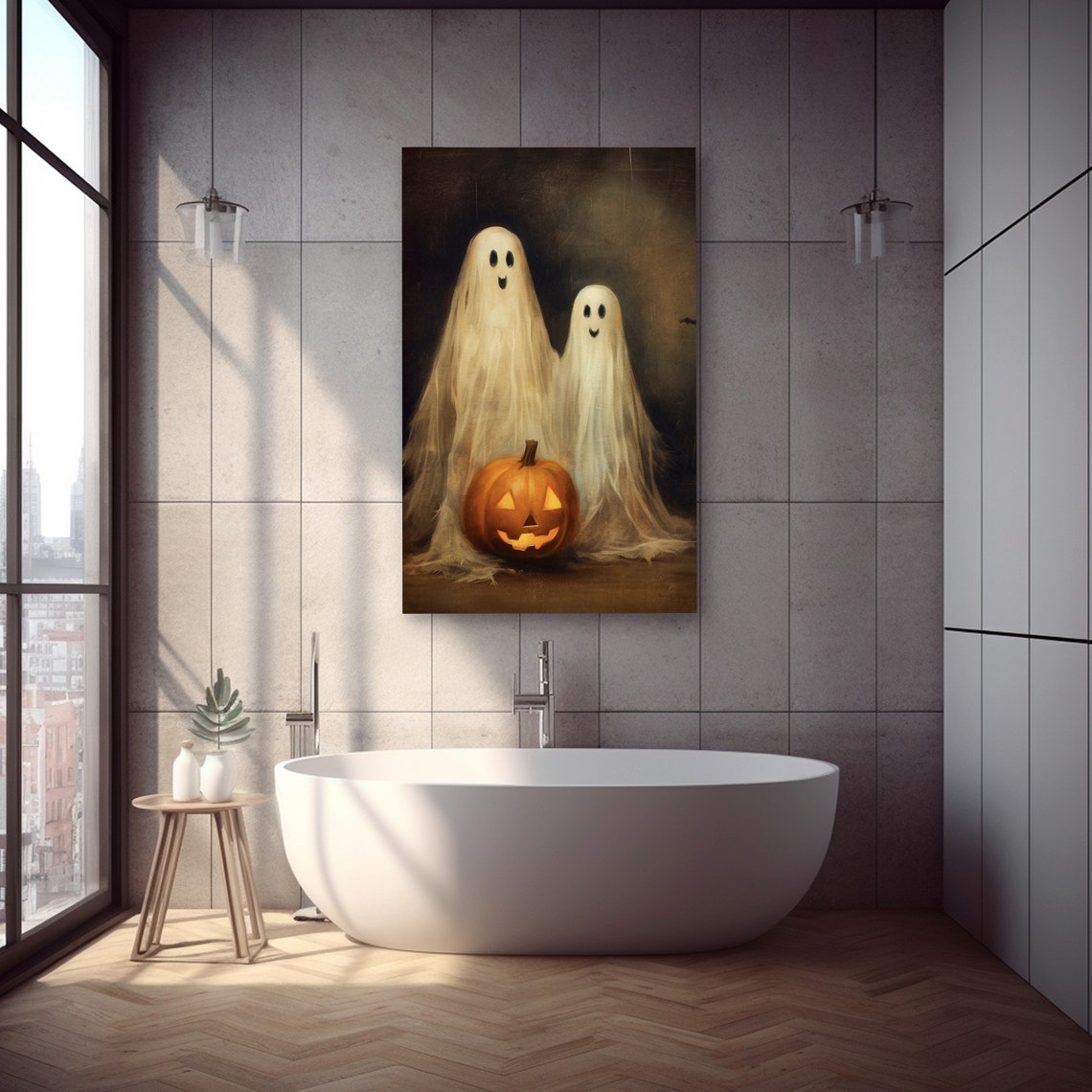 Cute Ghost Print Moody Haunted Halloween Art Gothic Ghost Couple Painting Decor - Image 2