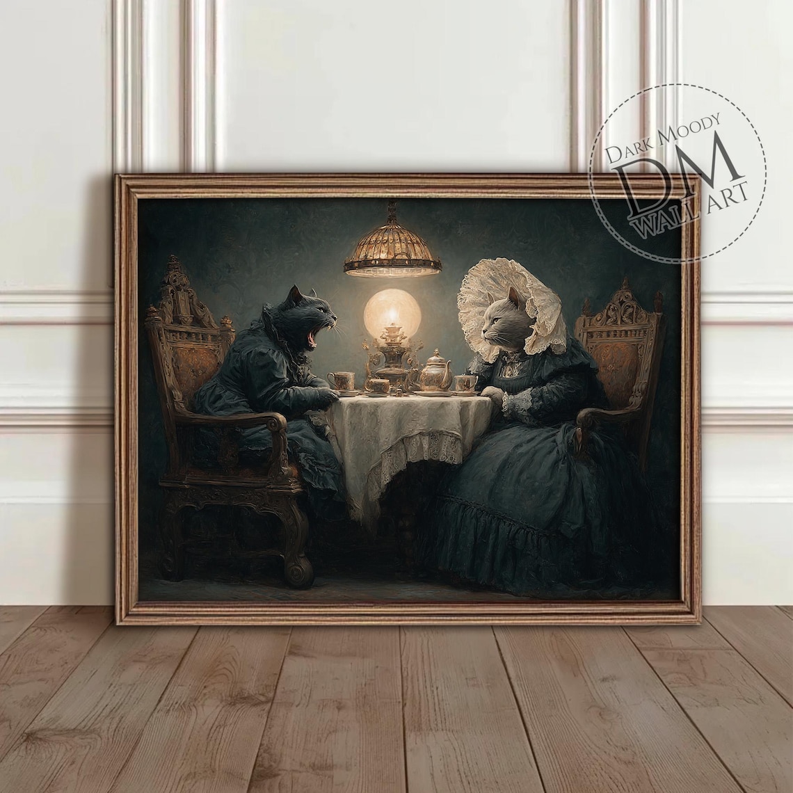Gothic Cat Tea Party Art Print, Victorian Dark Academia
