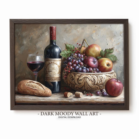 Moody Fruit Still Life Print Fruits And Wine Bottle Painting Rustic Kitchen Decor Farmhouse Wall Art