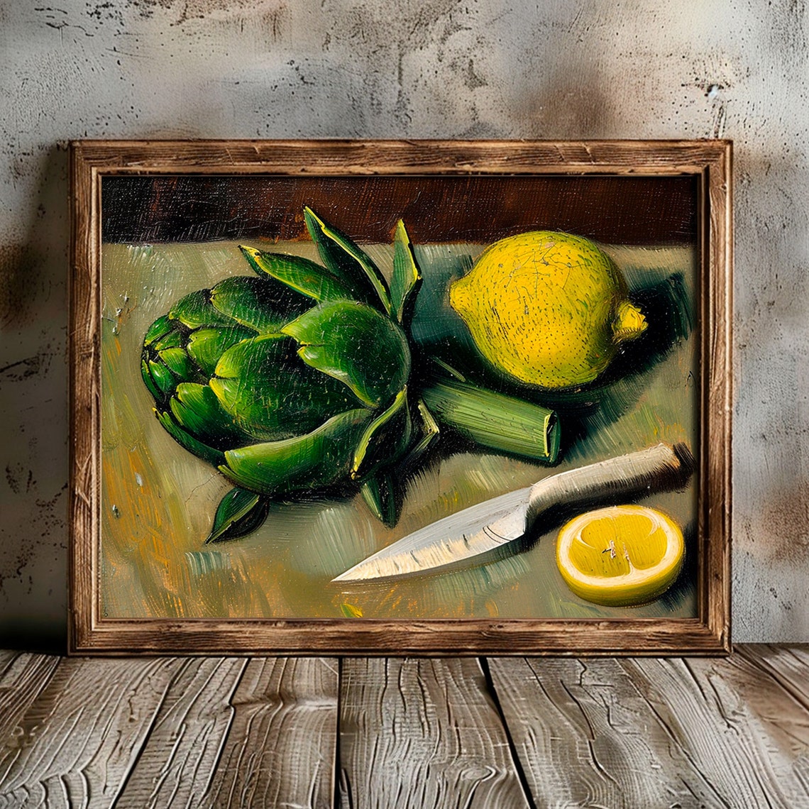 Artichoke Lemon Print Moody Kitchen Wall Decor Dark Still Life Painting Rustic Farmhouse Vegetable Wall Art - Image 2
