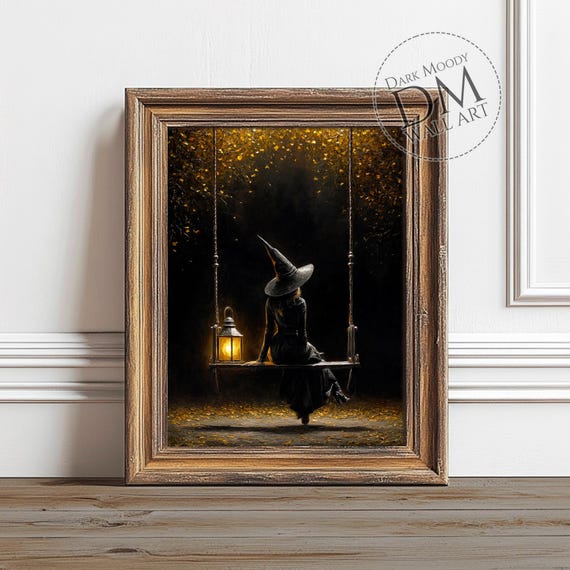 Witch On Swing Gothic Halloween Lantern Art Print
