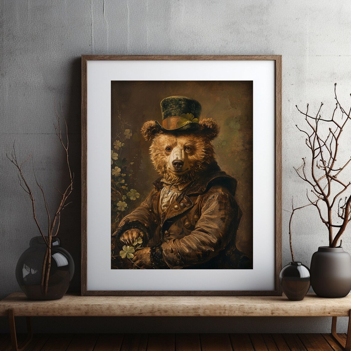 St Patricks Day Irish Bear Shamrock Art, Rustic Clover - Image 5