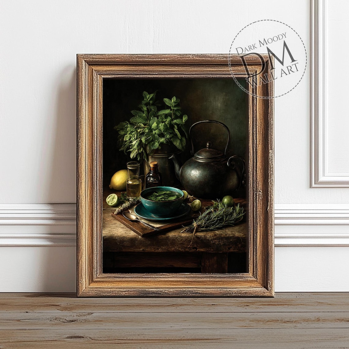 Mint Tea Set With Brass Kettle Lemon And Herbs Rustic Still Life Poster