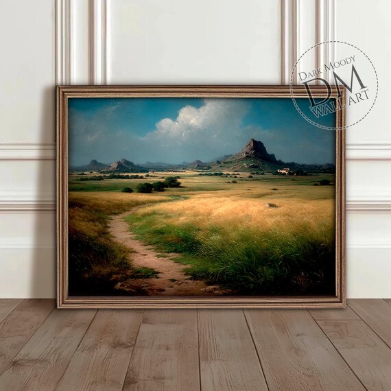 Prairie Path Through Golden Grass Rocky Hill Vista Rustic Wall Art