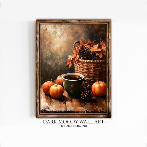 Autumn Coffee Mug Mini Pumpkins Pinecone Basket Cozy Wall Art