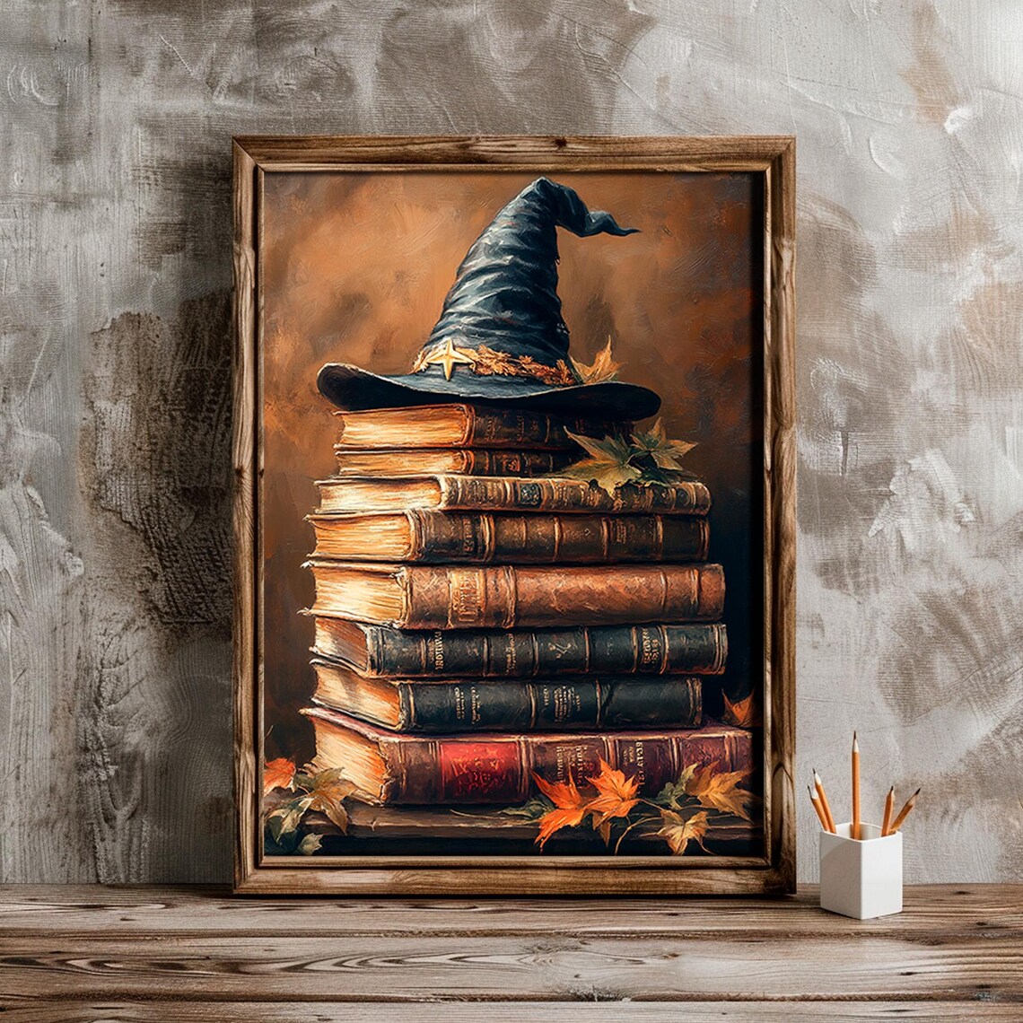 Witch Hat on Stack of Old Books Autumn Leaves Halloween Poster - Image 2
