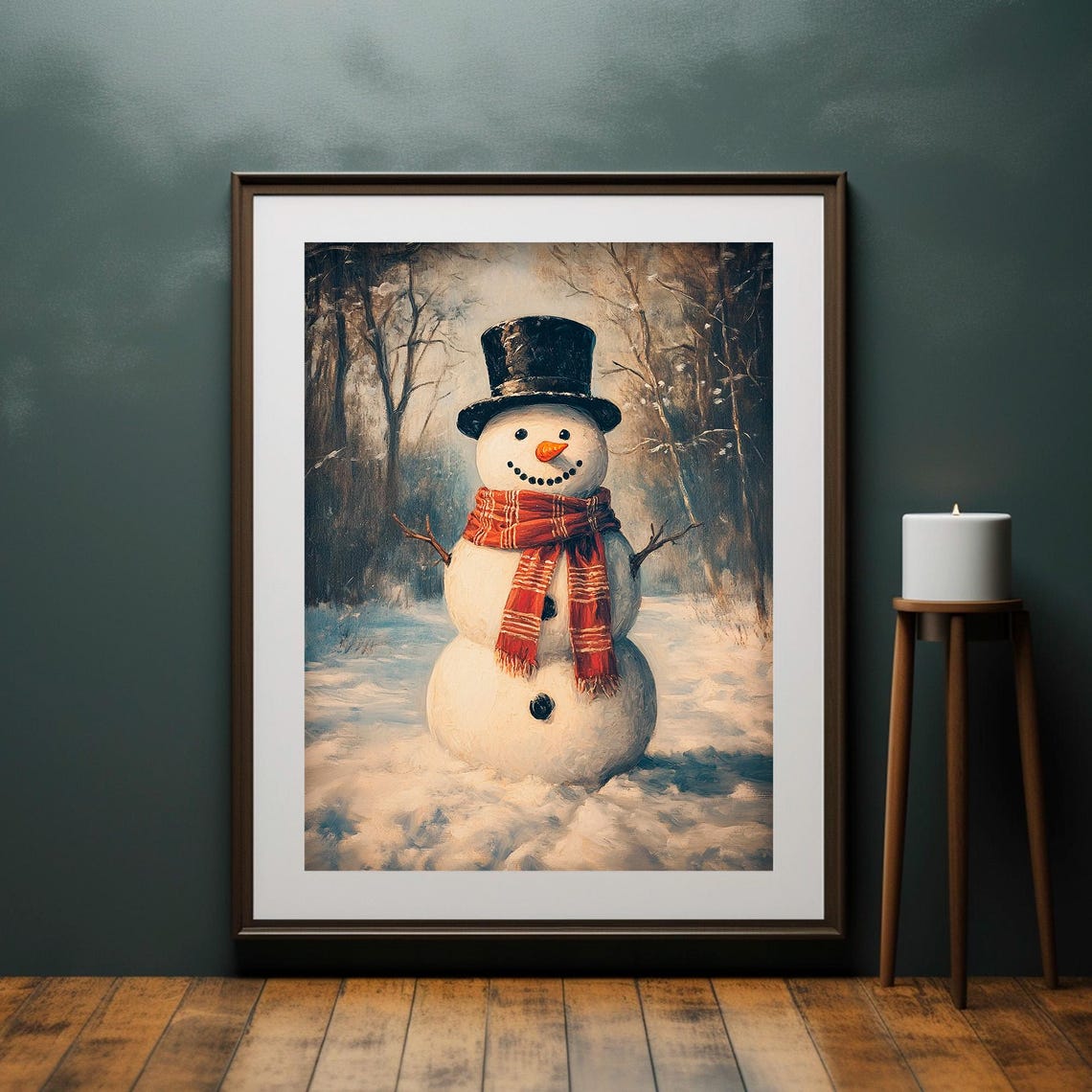 Snowman Top Hat Red Plaid Scarf Snowy Forest Christmas Poster - Image 4