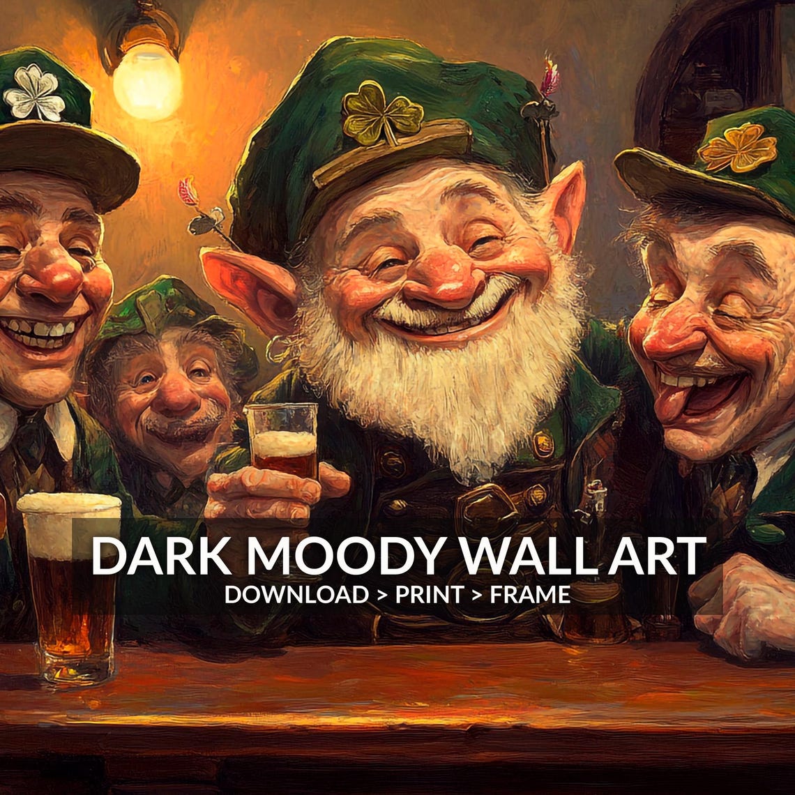 Leprechaun In Irish Pub Print Vintage St Patricks Day Decor Dark Moody Gnomes Painting - Image 6