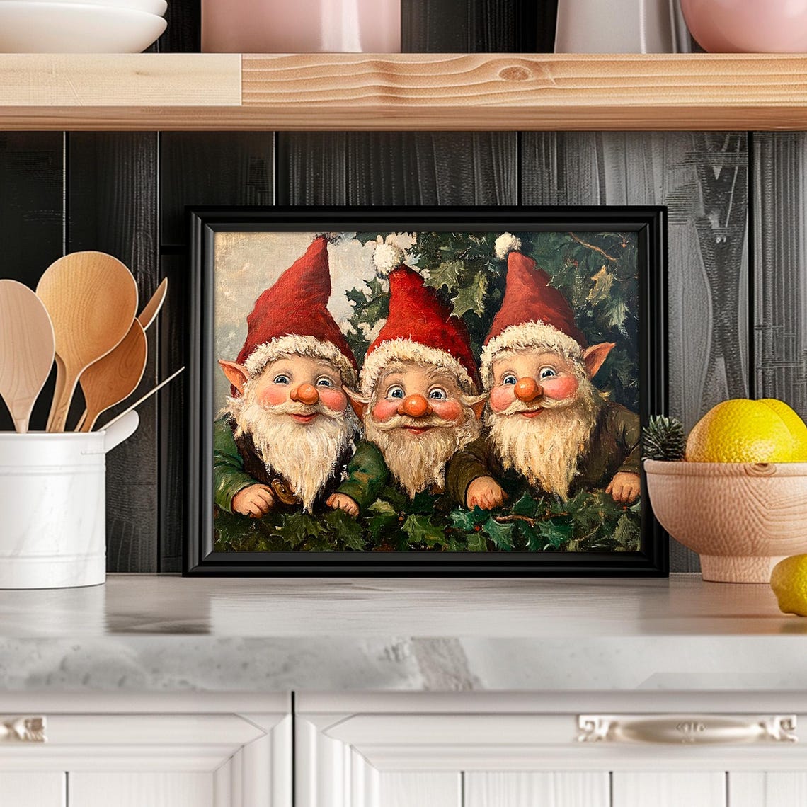 Three Smiling Christmas Elves Peeking Through Holly Wall Art - Image 6