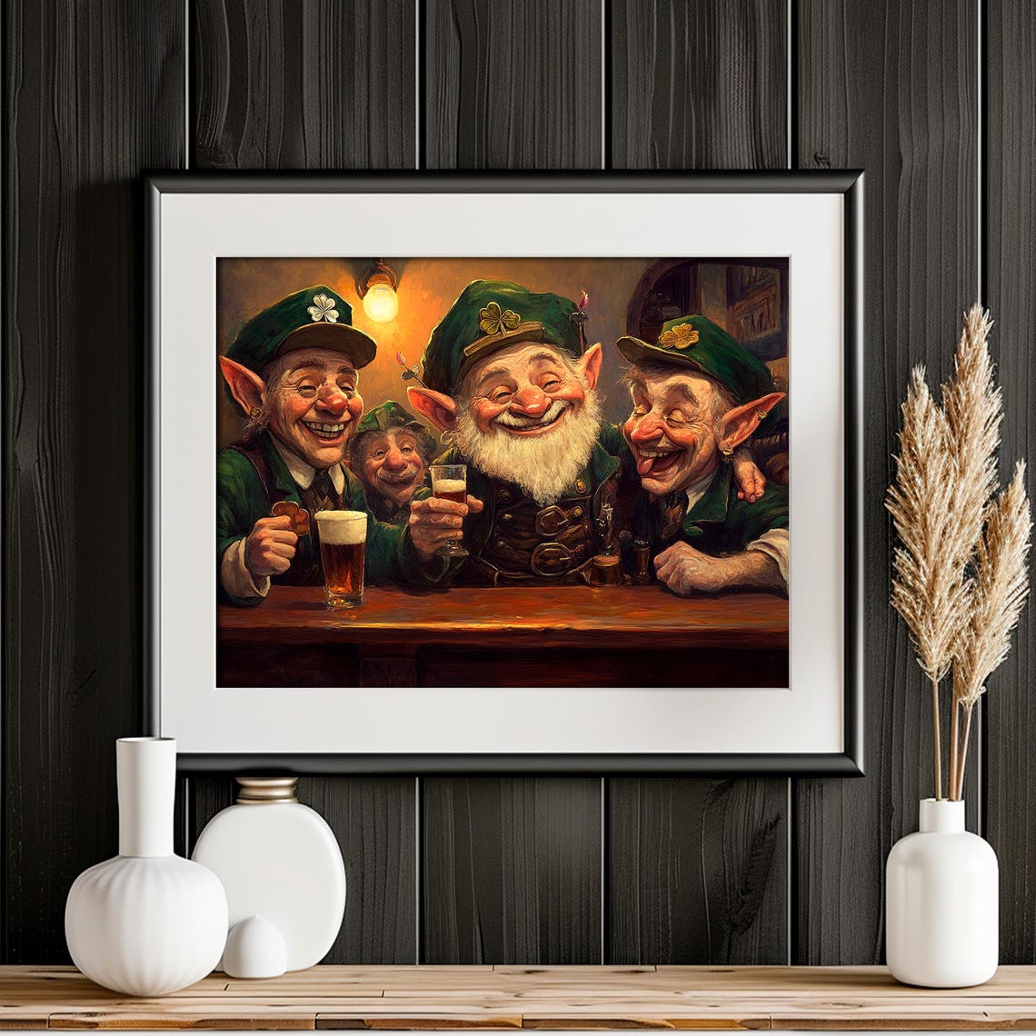 Leprechaun In Irish Pub Print Vintage St Patricks Day Decor Dark Moody Gnomes Painting - Image 2