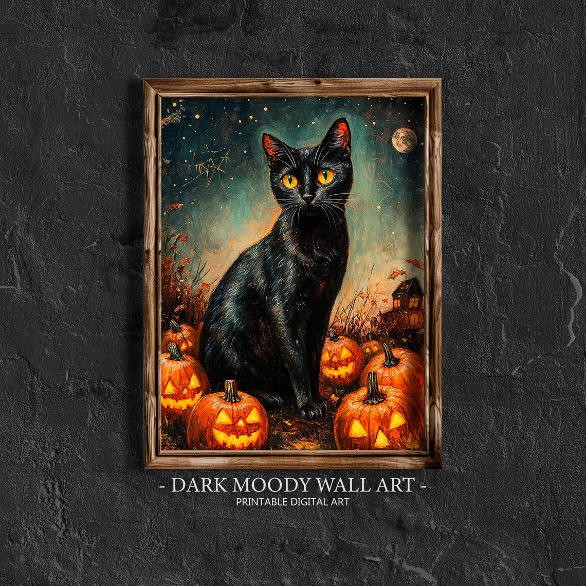 Black Cat And Jack O Lanterns Moonlit Night Halloween Wall Art