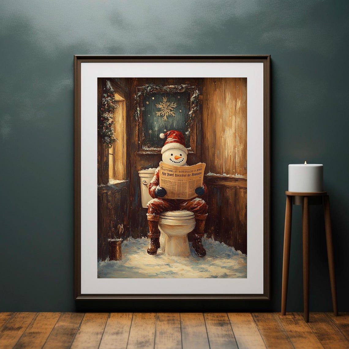 Funny Christmas Snowman Reading Newspaper on Toilet Bathroom Wall Art - Image 4