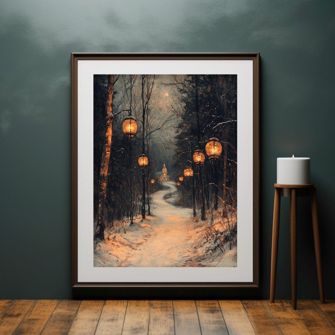 Lantern Lined Snowy Forest Path to Church Winter Night Poster - Image 2