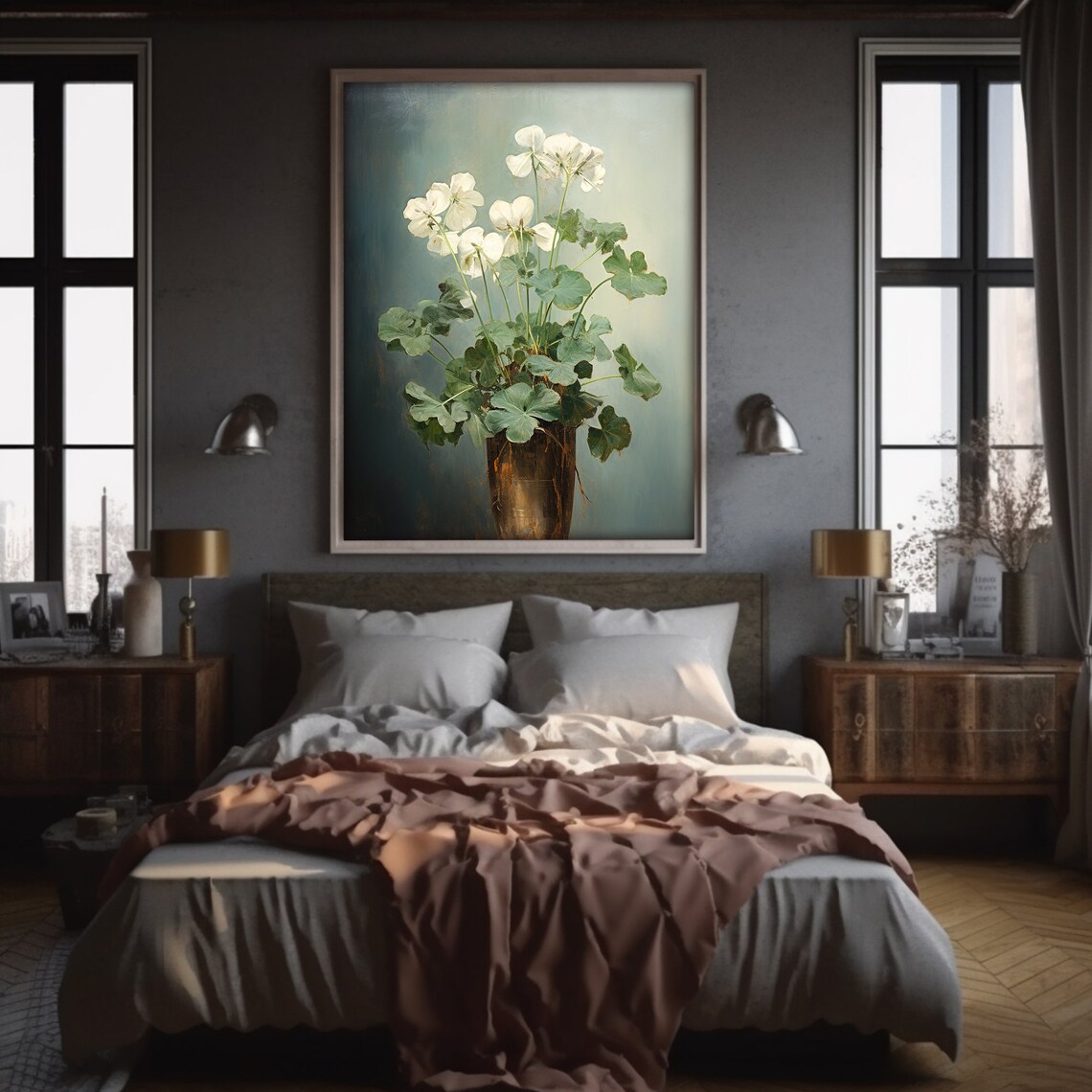 White Flowers Vase Dark Moody Botanical Still Life Painting Poster - Image 5