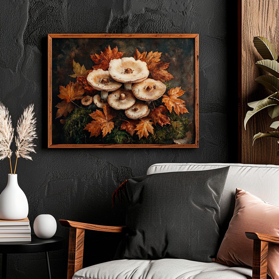 Cream Wild Mushrooms With Autumn Maple Leaves on Mossy Ground Poster - Image 2
