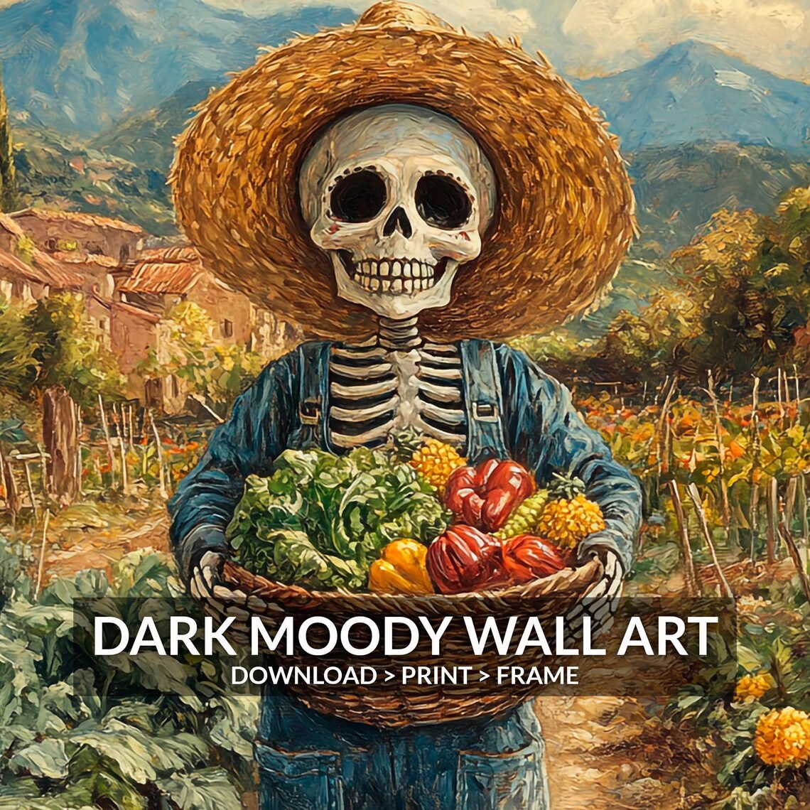 Day of the Dead Skeleton Farmer Vegetable Basket Garden Sugar Skull Folk Art Poster - Image 6