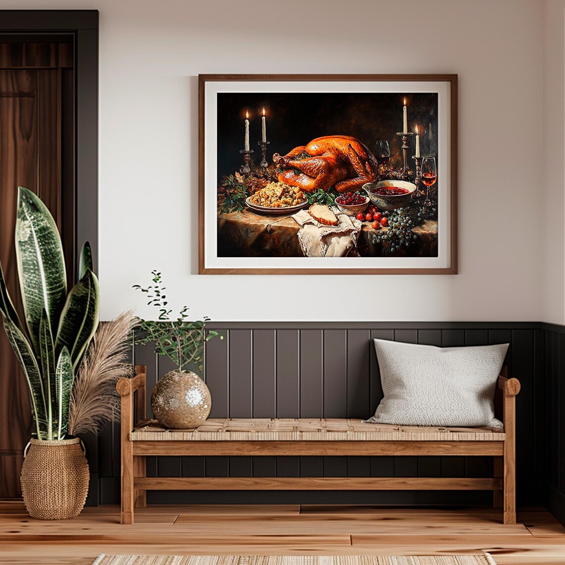 Candlelit Roast Turkey Wine Glasses Thanksgiving Feast Night Art Poster - Image 2
