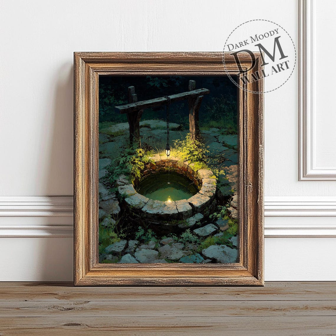 Old Stone Well at Night Gothic Moody Moonlit Garden Wall Art
